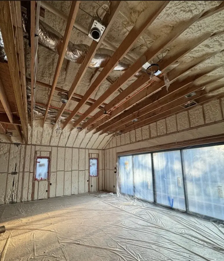 Interior walls and ceiling insulated with spray foam during new construction in Westlake Village